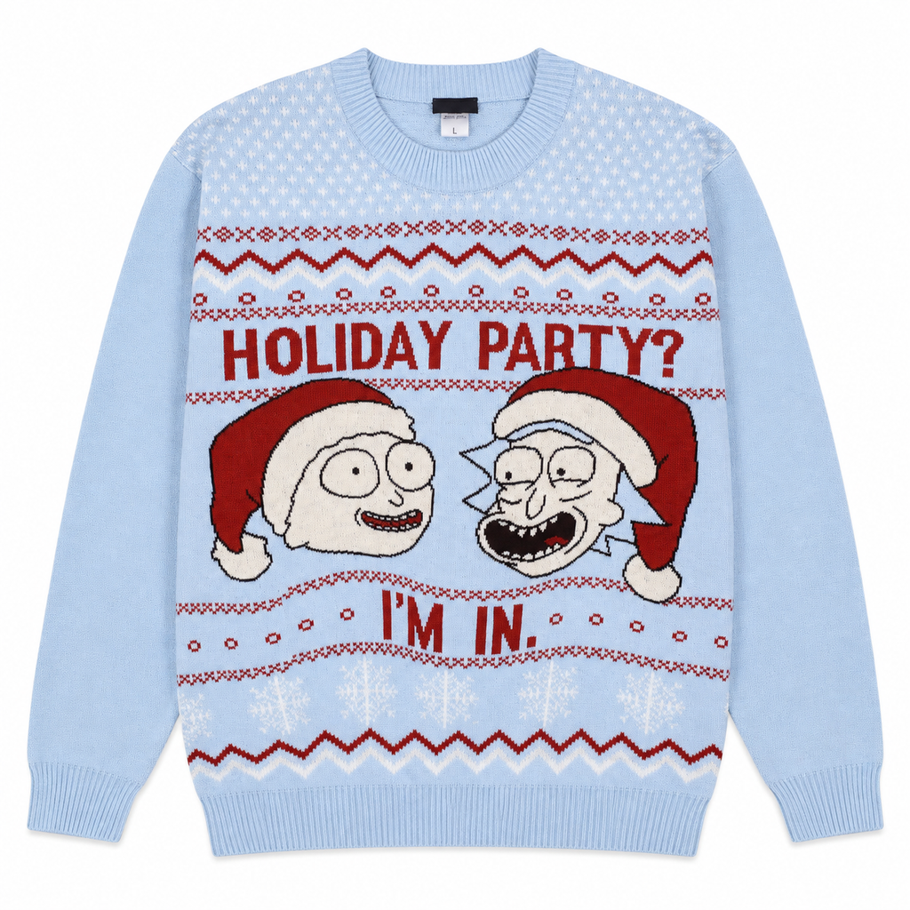 RICK AND MORTY HOLIDAY PARTY KNIT SWEATER LT BLUE