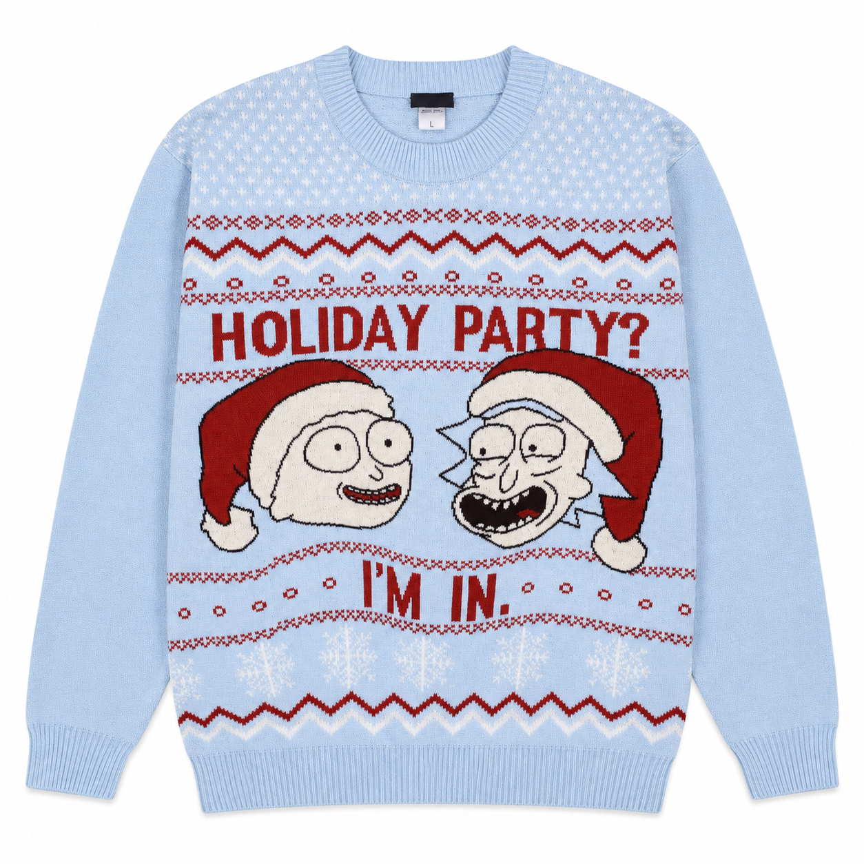 RICK AND MORTY HOLIDAY PARTY KNIT SWEATER LT BLUE
