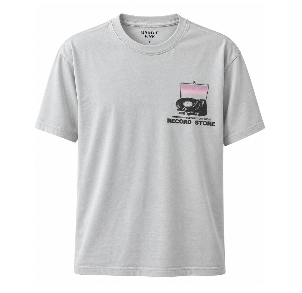 MIGHTY FINE SUPPORT RECORD SHOP T-SHIRT LT GREY