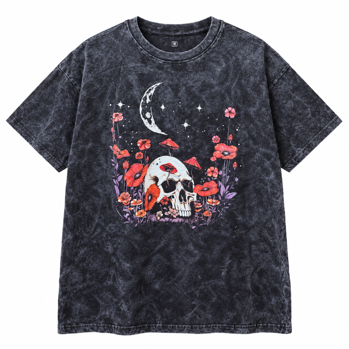 FLORAL SKULL MUSHROOM T-SHIRT WASHED BLACK